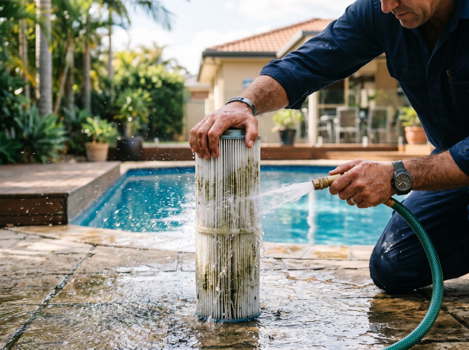 Pool technician hosing clean a dirty cartridge filter beside a backyard pool — Allure Pools filter cleaning, Las Vegas