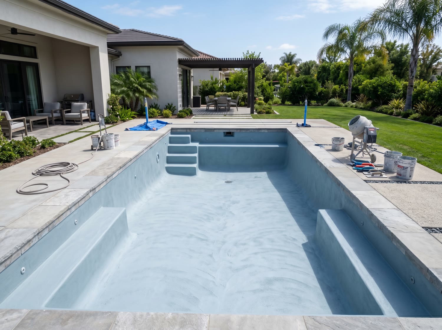 Drained residential pool being resurfaced with fresh plaster — Allure Pools replastering, Las Vegas valley